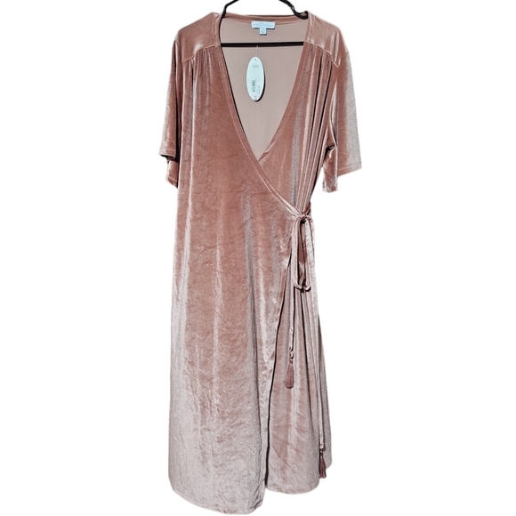 boutique Dresses & Skirts - Boutique wrap dress plus size 0x maxi length short sleeve blush color velvet NWT